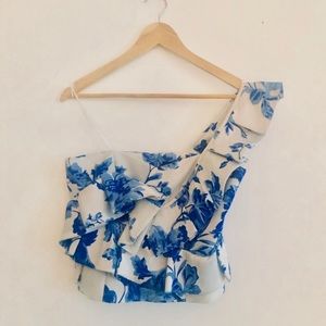 Blue and white (ivory) ruffle top